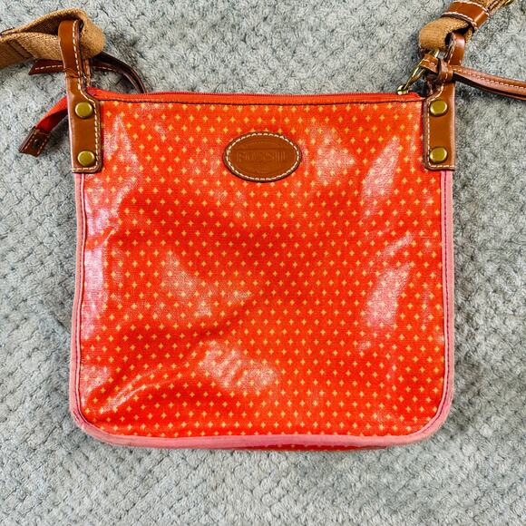 VINTAGE FOSSIL KEY PER NYLON CANVAS COATED ORANGE CROSSBODY TOTE BAG PURSE - Picture 2 of 5